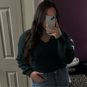 Pink Rose Textured Dark Green Sweater